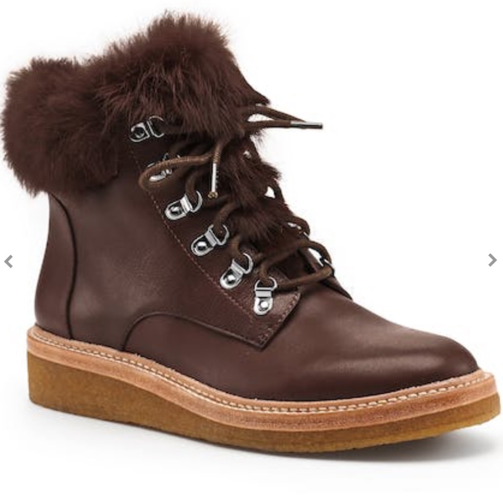 NWT Botkier Mocha Winter Combat Genuine Leather & Fur Lace Up Boots - Sise 7.5 - Picture 1 of 12